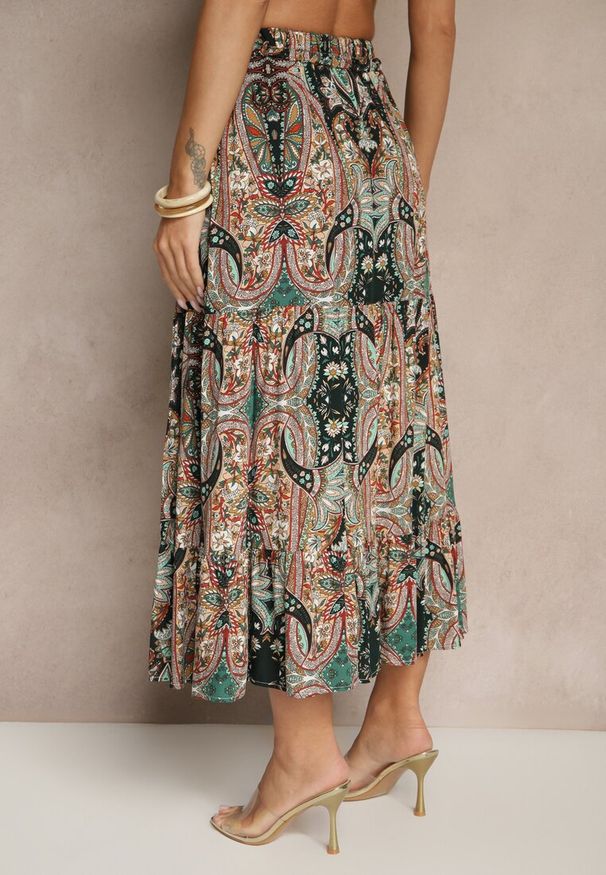 Renee - Beżowo-Czarna Spódnica z Wiskozy Ozdobiona Motywem Paisley Ellivae. Okazja: na co dzień. Kolor: beżowy. Materiał: wiskoza. Wzór: paisley, aplikacja. Styl: elegancki, casual