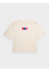 outhorn - T-shirt z nadrukiem damski - kremowa. Okazja: na co dzień. Kolor: kremowy. Materiał: bawełna, dzianina. Wzór: nadruk. Styl: casual #1