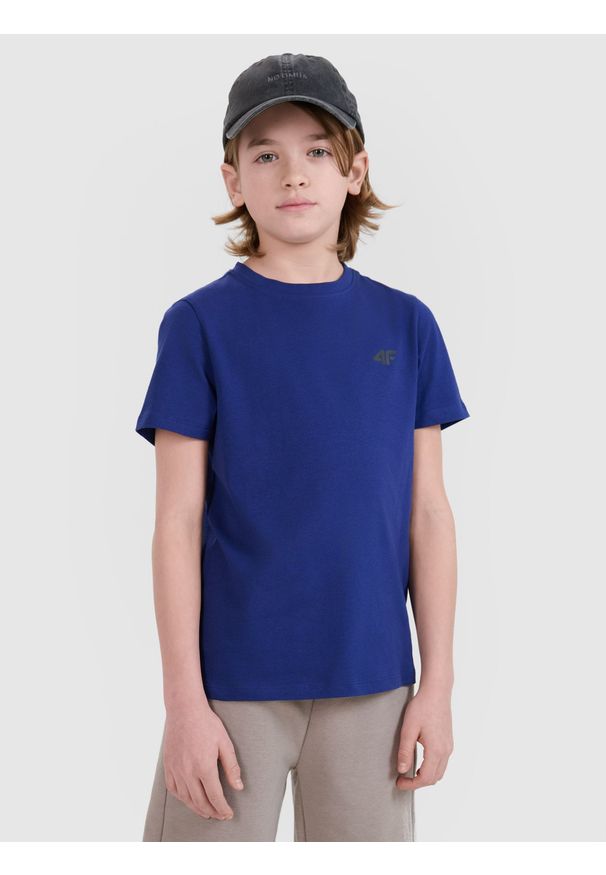 4f - 4F T-shirt regular gładki chłopięcy - niebieski 140 (9-10 lat). Okazja: na co dzień. Kolor: niebieski. Materiał: jersey, bawełna, dzianina. Długość rękawa: krótki rękaw. Długość: krótkie. Wzór: gładki. Sezon: lato. Styl: sportowy, klasyczny, casual