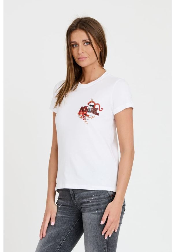 Karl Lagerfeld - KARL LAGERFELD Biały damski t-shirt ikonik lny, Rozmiar L. Kolor: biały. Materiał: len