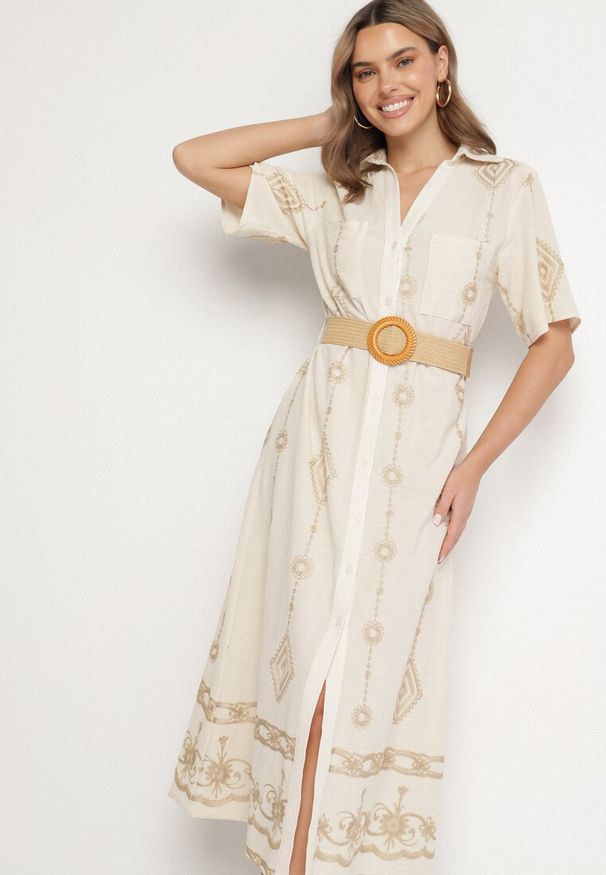 Born2be - Beżowa Bawełniana Sukienka Koszulowa z Ozdobnym Paskiem i Haftem Evialisse. Okazja: na co dzień, na imprezę. Kolor: beżowy. Materiał: bawełna. Wzór: haft. Typ sukienki: koszulowe. Styl: casual, elegancki