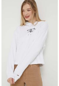 Tommy Jeans bluza damska kolor biały z kapturem z nadrukiem. Typ kołnierza: kaptur. Kolor: biały. Materiał: bawełna, dzianina. Długość rękawa: długi rękaw. Długość: długie. Wzór: nadruk #2