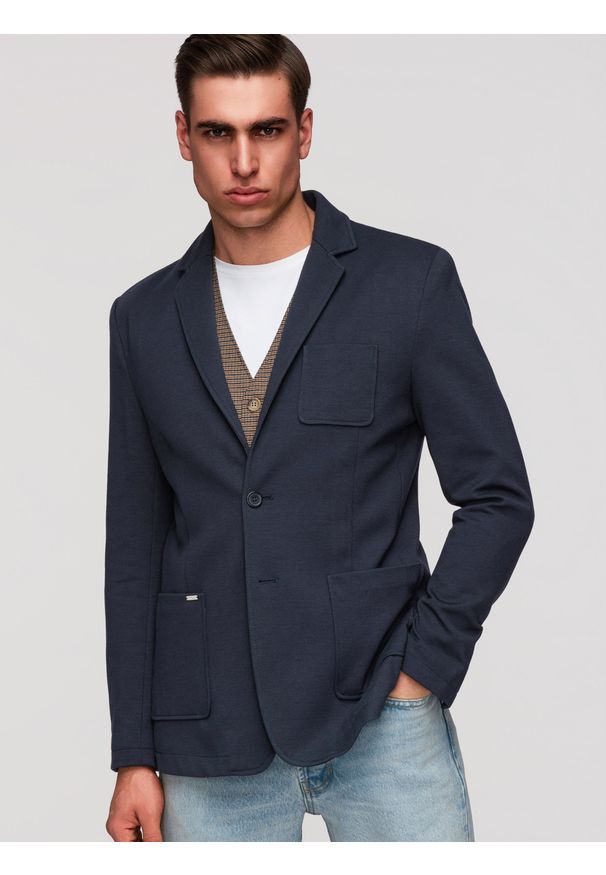 Ombre Clothing - Męska marynarka SLIM z dzianiny o subtelnej strukturze – granatowa V3 - Rozmiar: XXL. Okazja: do pracy. Kolor: niebieski. Materiał: dzianina. Wzór: kolorowy. Styl: klasyczny