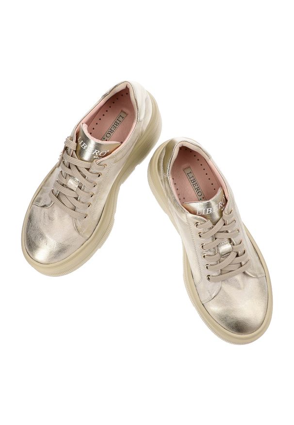 Złote Sneakersy Libero Modne Obuwie Damskie. Okazja: na co dzień, na spacer. Zapięcie: sznurówki. Kolor: złoty. Materiał: guma, jeans, skóra. Styl: casual, elegancki