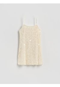 Reserved - Cekinowa sukienka mini - kremowy. Kolor: kremowy. Materiał: dzianina. Typ sukienki: proste. Długość: mini #1