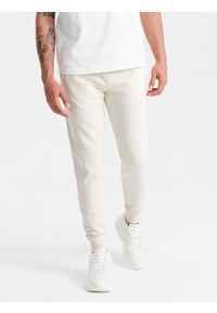 Ombre Clothing - Bawełniane męskie dresowe spodnie joggery BASIC – kremowe V5 OM-PABS-0174 - XXL. Okazja: na co dzień. Kolor: kremowy. Materiał: dresówka, bawełna. Wzór: aplikacja. Styl: sportowy, casual, elegancki #4