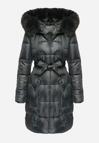 Born2be - Ciemnozielona Pikowana Kurtka o Długim Kroju Ozdobiona Paskiem i Odpinanym Futerkiem Milirra. Okazja: na spacer. Kolor: zielony. Materiał: futro. Długość: długie. Wzór: aplikacja. Styl: wizytowy, elegancki #6