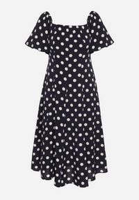 Born2be - Granatowa Rozkloszowana Sukienka Vices w Grochy z Dekoltem Typu Hiszpanka Zimina. Okazja: na co dzień. Typ kołnierza: dekolt hiszpanka. Kolor: niebieski. Materiał: skóra, materiał. Wzór: grochy. Typ sukienki: proste. Styl: casual, klasyczny #3