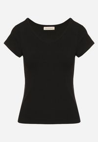 Born2be - Czarny T-shirt z Wiskozą z Prążkowanej Dzianiny Ralendria. Okazja: na co dzień. Typ kołnierza: dekolt w serek. Kolor: czarny. Materiał: dzianina, wiskoza, prążkowany. Wzór: aplikacja, prążki. Styl: klasyczny, casual #7