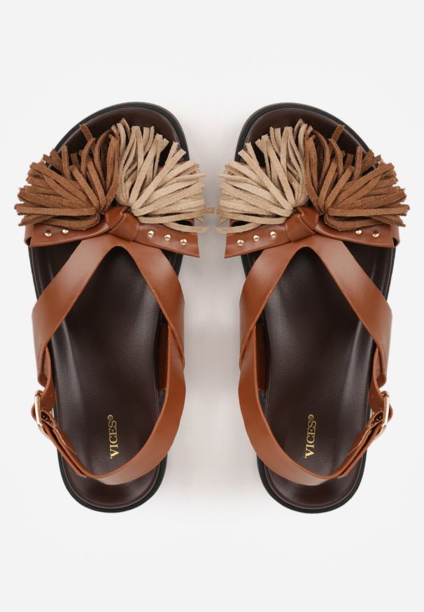 Renee - Jasnobrązowe Sandały VICES z Frędzlami z Przodu Callane. Zapięcie: sprzączka. Kolor: brązowy. Materiał: jeans
