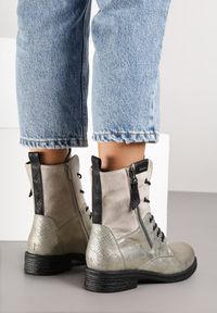 Born2be - Szaro-Złote Botki Workery ze Sznurowaniem i Zapięciem na Suwak Vemida. Okazja: na co dzień. Zapięcie: sznurówki. Kolor: szary. Materiał: jeans. Obcas: na obcasie. Styl: klasyczny, casual, elegancki. Wysokość obcasa: niski #6