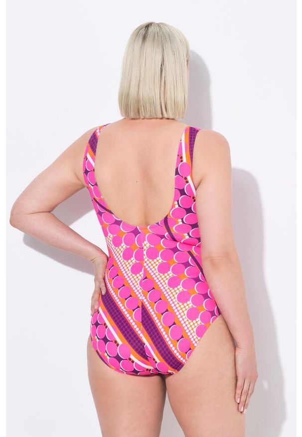 ULLA POPKEN - Damski Strój kąpielowy kropki bez miękkich miseczek okrągły dekolt. Kolekcja: plus size. Kolor: różowy. Materiał: poliester, elastan, poliamid, materiał. Wzór: kropki
