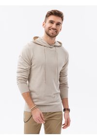 Ombre Clothing - Męska bluza dzianinowa z kapturem - beżowa V5. Typ kołnierza: kaptur. Kolor: beżowy. Materiał: dzianina