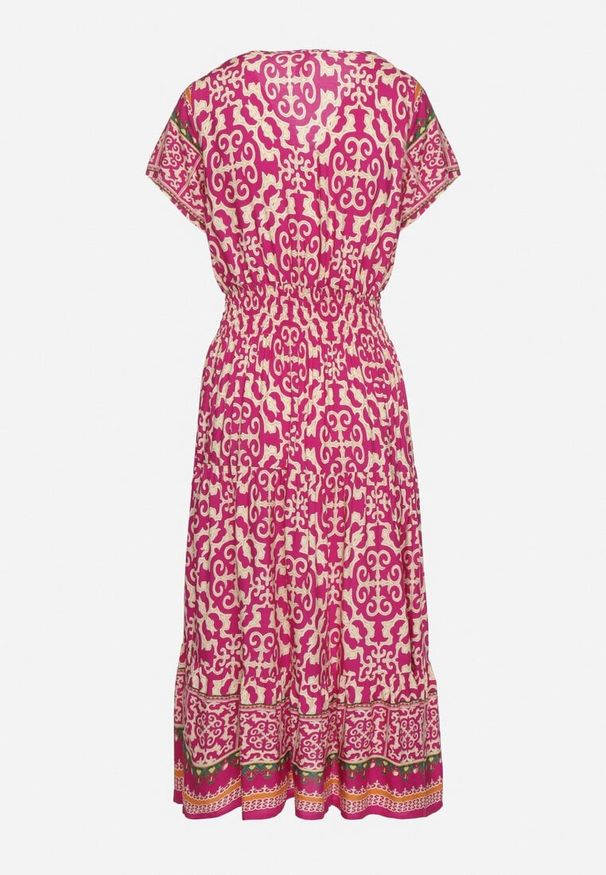 Born2be - Fioletowa Bawełniana Sukienka z Guzikami i Ornamentnym Wzorem Zisselle. Kolor: fioletowy. Materiał: bawełna