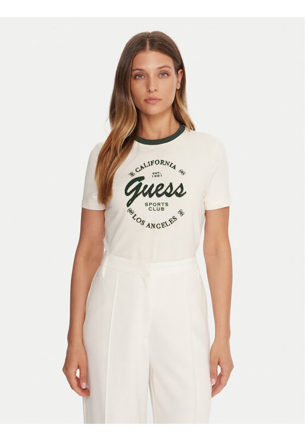 Guess T-Shirt V5BI03 J1314 Beżowy Slim Fit. Kolor: beżowy. Materiał: bawełna