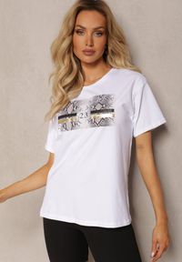 Renee - Biały T-shirt z Bawełny Ozdobiony Nadrukiem na Przodzie Katrielle. Okazja: na co dzień. Kolor: biały. Materiał: bawełna. Wzór: nadruk, aplikacja. Styl: casual