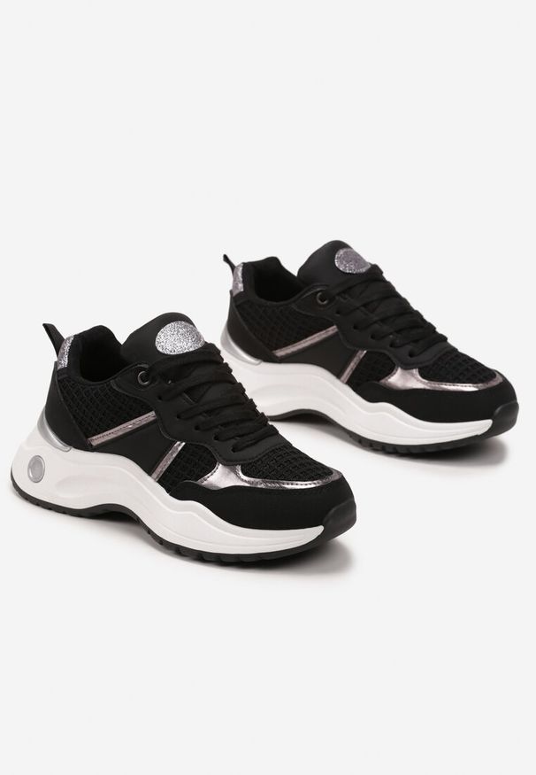 Renee - Czarne Sneakersy z Tłoczonego Materiału z Brokatowymi i Metalicznymi Wstawkami Thermia. Kolor: czarny. Materiał: materiał. Szerokość cholewki: normalna