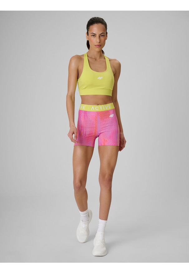 4f - 4F Legginsy krótkie treningowe damskie - koralowe S. Stan: podwyższony. Kolor: pomarańczowy. Materiał: materiał, skóra. Długość: krótkie. Sport: fitness