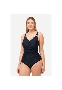 ULLA POPKEN - Damski Kostium kąpielowy kaktusy miękkie miseczki ozdobne kółka. Kolekcja: plus size. Kolor: niebieski. Materiał: elastan, poliamid, materiał