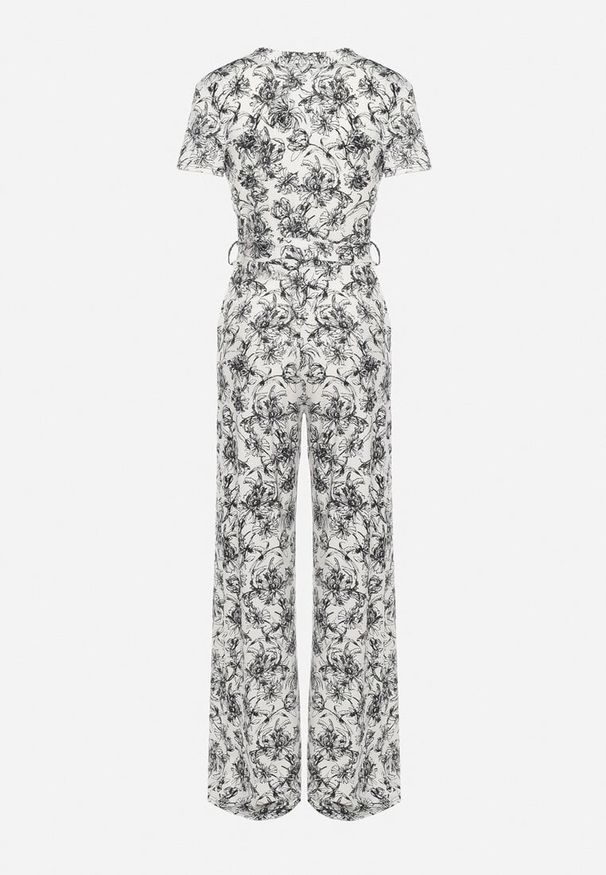 Born2be - Biało-Czarny Kombinezon w Kwiaty z Krótkim Rękawem i Dekoltem w Serek z Długimi Nogawkami Nestaanne. Okazja: na co dzień. Kolor: biały. Materiał: jeans. Długość rękawa: krótki rękaw. Długość: krótkie. Wzór: kwiaty. Styl: wizytowy, casual, elegancki