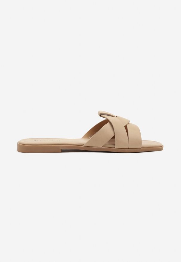 Renee - Ciemnobeżowe Klapki Ozdobione Geometryczną Cholewką Orrona. Okazja: na co dzień. Kolor: beżowy. Materiał: jeans. Wzór: aplikacja, geometria. Styl: klasyczny, casual