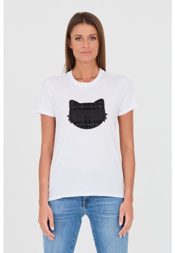 Karl Lagerfeld - KARL LAGERFELD Biały damski t-shirt Boucle Choupette, Rozmiar XS. Kolor: biały. Materiał: bawełna