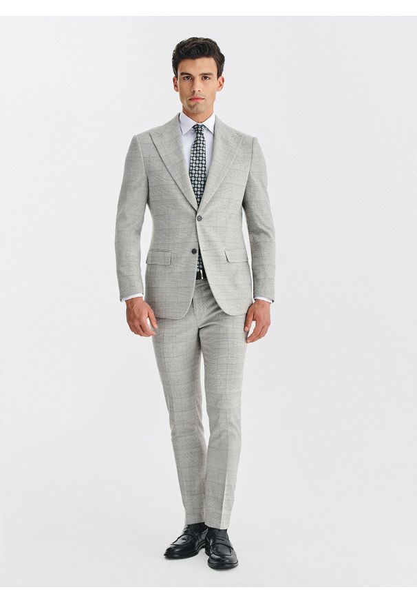 Pako Lorente - PAKO LORENTE – Szary garnitur męski w kratkę. Kolor: szary. Materiał: poliester, elastan, wiskoza. Wzór: kratka