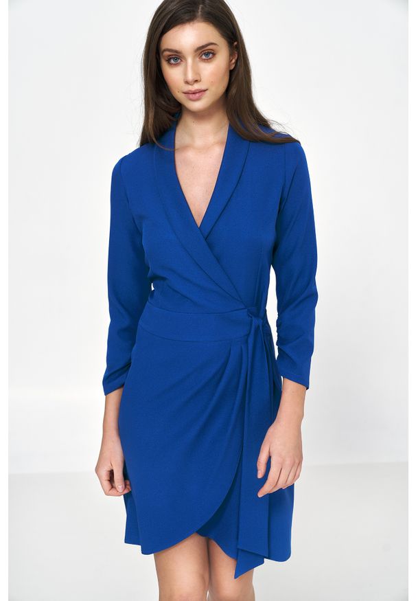 Nife - Kopertowa Sukienka z Wiązaniem - Chabrowa. Kolor: niebieski. Materiał: poliester, elastan. Typ sukienki: kopertowe