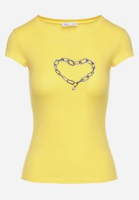 Born2be - Żółty Bawełniany T-shirt Koszulka z Krótkim Rękawem Ozdobiona Nadrukiem Efira. Okazja: na spotkanie biznesowe, na co dzień. Kolor: żółty. Materiał: bawełna. Długość rękawa: krótki rękaw. Długość: krótkie. Wzór: nadruk, aplikacja. Styl: klasyczny, casual, elegancki, biznesowy #4