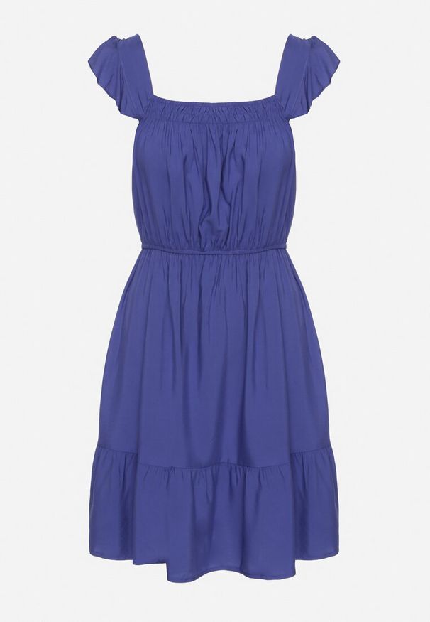 Born2be - Granatowa Sukienka z Wiskozą o Rozkloszowanym Kroju z Gumką w Pasie Lirimere. Okazja: na co dzień. Typ kołnierza: kołnierz z falbankami. Kolor: niebieski. Materiał: wiskoza. Długość rękawa: na ramiączkach. Styl: casual, elegancki