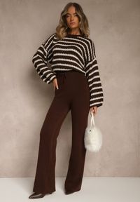 Renee - Brązowe Dzianinowe Spodnie Wide Leg z Ociepleniem Miosea. Okazja: do domu, na spacer, na co dzień. Kolor: brązowy. Materiał: dzianina. Styl: casual, elegancki #2