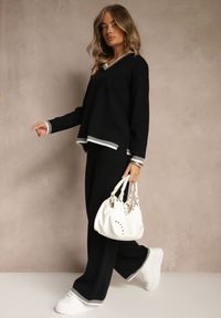 Renee - Czarny Komplet Dzianinowy Sweter i Spodnie Wide Leg z Ozdobną Lamówką Ralenia. Kolor: czarny. Materiał: dzianina. Wzór: aplikacja #5