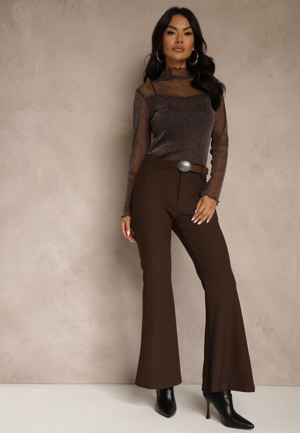 Renee - Brązowe Wiskozowe Spodnie Dzwony z Bawełną High Waist z Paskiem Lidassa. Okazja: na co dzień. Stan: podwyższony. Kolor: brązowy. Materiał: wiskoza, bawełna. Styl: glamour, casual, retro, elegancki