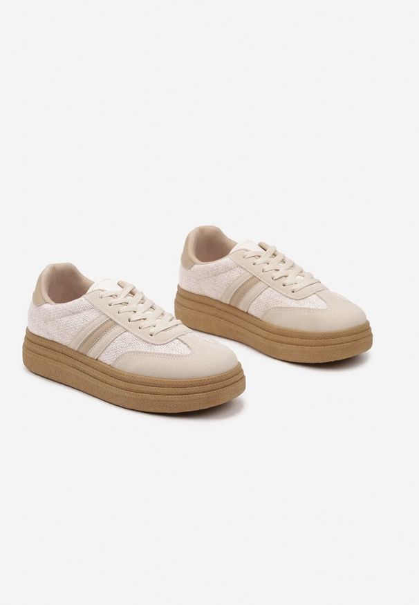 Born2be - Ciemnobeżowe Sneakersy na Platformie w Stylu Kultowych Tenisówek Gonoriel. Okazja: na co dzień. Kolor: beżowy. Materiał: jeans. Obcas: na platformie