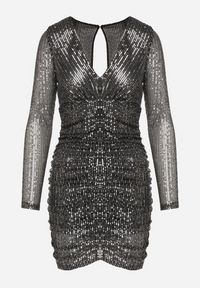 Born2be - Czarno-Srebrna Cekinowa Sukienka z Marszczeniem Nerli. Kolor: srebrny. Wzór: aplikacja. Długość: mini #4