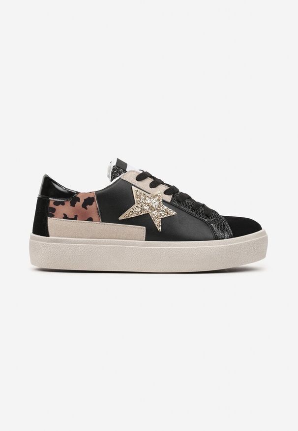 Born2be - Czarne Sneakersy na Grubej Podeszwie Zdobione Brokatem Felthara. Okazja: na co dzień. Kolor: czarny. Materiał: jeans. Wzór: aplikacja. Obcas: na obcasie. Wysokość obcasa: niski