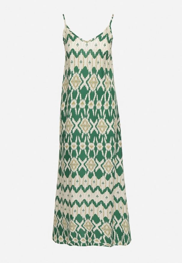 Born2be - Zielona Wiskozowa Sukienka na Regulowanych Ramiączkach o Geometrycznym Wzorze Vididia. Okazja: na co dzień, na plażę. Kolor: zielony. Materiał: wiskoza. Długość rękawa: na ramiączkach. Wzór: geometria. Styl: klasyczny, casual, wakacyjny