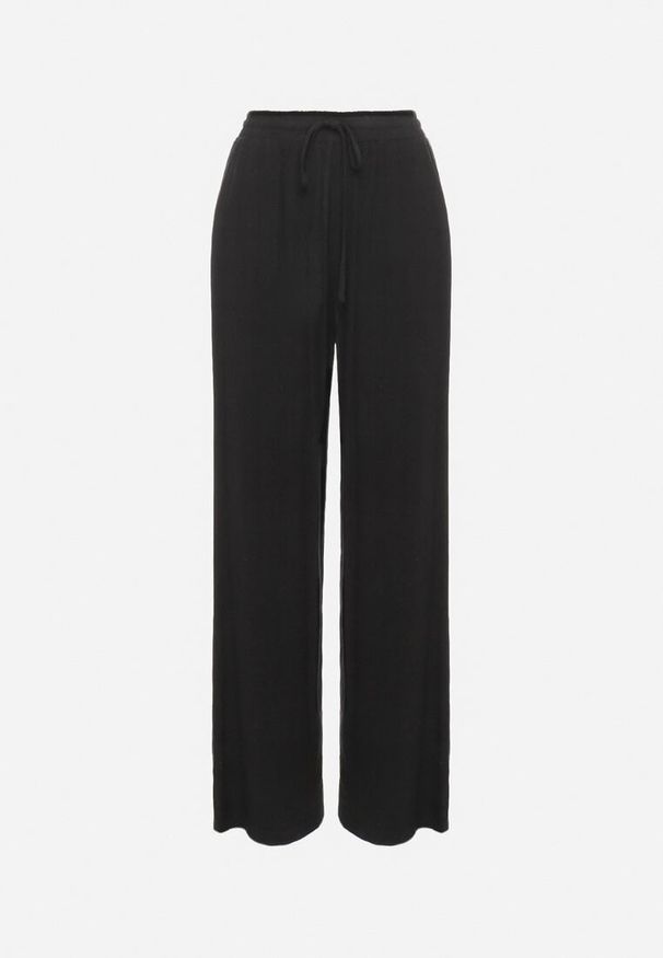 Born2be - Czarne Wiskozowe Spodnie z Lnem o Szerokich Nogawkach Almaris. Okazja: na spotkanie biznesowe. Kolor: czarny. Materiał: wiskoza, len. Styl: biznesowy