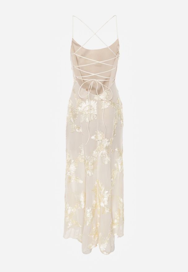 Born2be - Beżowa Koktajlowa Sukienka Siateczkowa z Odkrytymi Plecami z Wiązaniem Cezelle. Kolor: beżowy. Materiał: materiał. Wzór: aplikacja, kwiaty. Styl: wizytowy