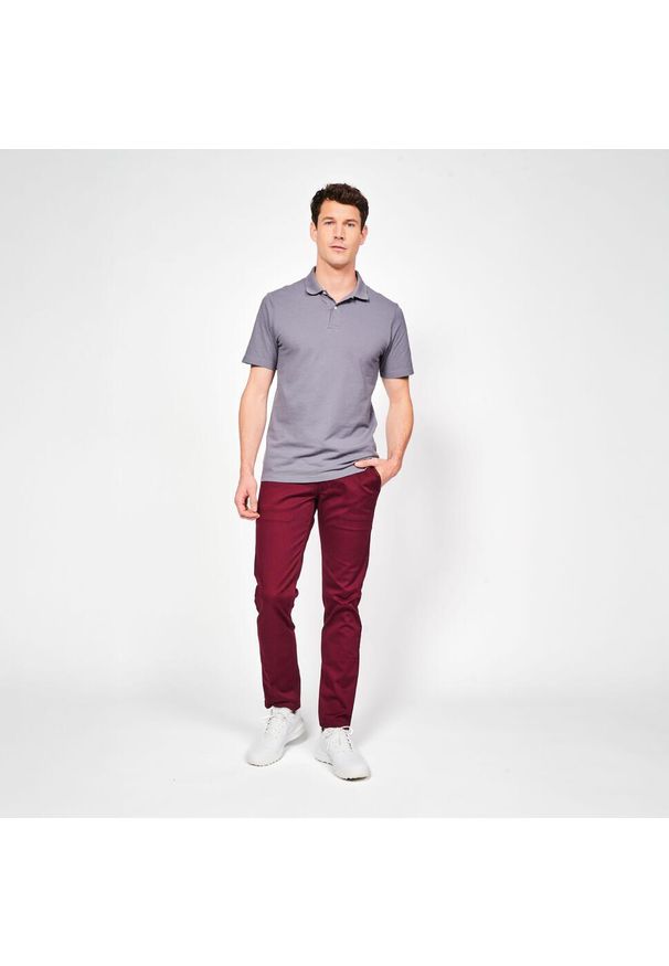 INESIS - Koszulka polo do golfa z krótkim rękawem męska Inesis MW100. Typ kołnierza: golf, polo. Kolor: szary. Materiał: bawełna, materiał. Długość rękawa: krótki rękaw. Długość: krótkie. Wzór: ze splotem. Styl: sportowy