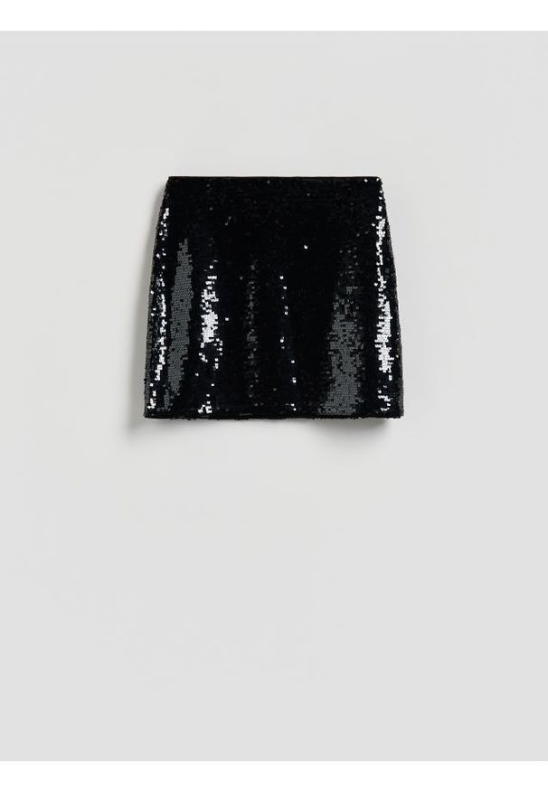 Reserved - Cekinowa spódnica mini - czarny. Kolor: czarny. Materiał: dzianina