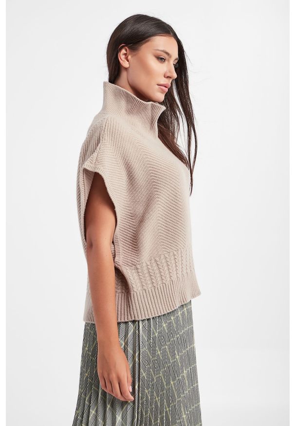 Armani Exchange - Sweter wełniany ARMANI EXCHANGE. Typ kołnierza: golf. Materiał: prążkowany, wełna. Długość rękawa: bez rękawów. Wzór: ze splotem