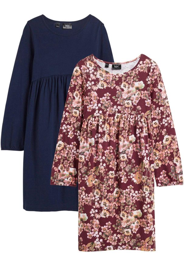 bonprix - Sukienka z dżerseju z czystej bawełny (2 szt.). Kolor: niebieski, czerwony. Materiał: jersey, bawełna. Wzór: nadruk, kwiaty