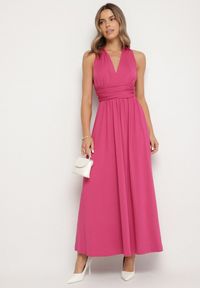 Born2be - Ciemnoróżowa Koktajlowa Sukienka Multiway z Wiskozą i Wiązaniem na Szyi Lilazza. Okazja: na imprezę. Typ kołnierza: dekolt w kształcie V. Kolor: różowy. Materiał: wiskoza. Typ sukienki: rozkloszowane. Styl: wizytowy #5