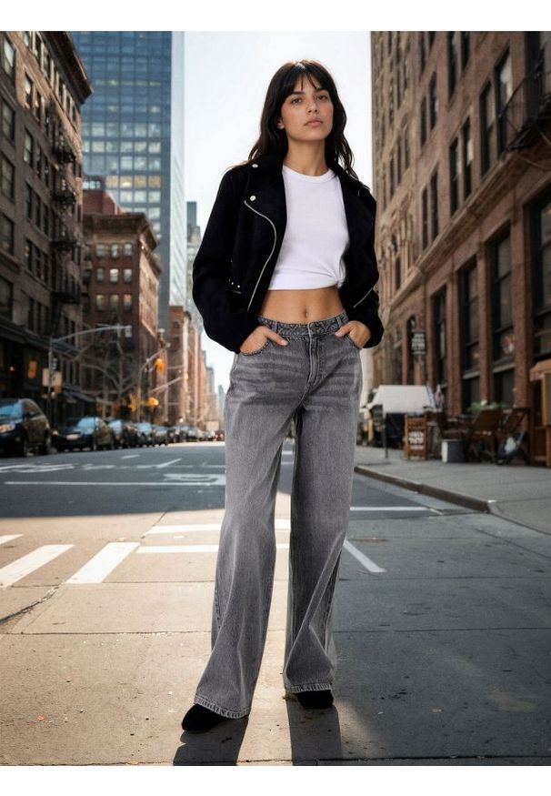 Sinsay - Jeansy wide leg z efektem sprania - szary. Kolor: szary