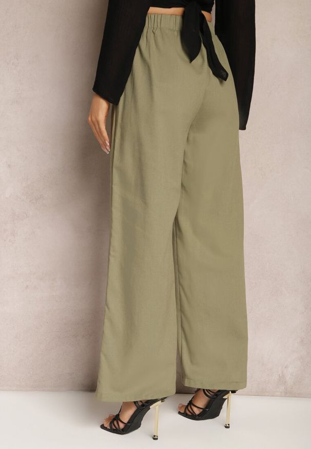 Renee - Zielone Szerokie Spodnie z Lnem z Gumką w Talii Airelttis. Kolor: zielony. Materiał: len. Sezon: lato. Styl: elegancki