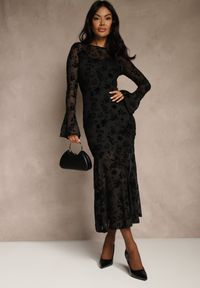 Renee - Czarna Koktajlowa Sukienka VICES z Siateczki z Welurowym Wzorem Fyreleva. Okazja: na imprezę. Kolor: czarny. Materiał: welur. Długość rękawa: długi rękaw. Styl: wizytowy #5