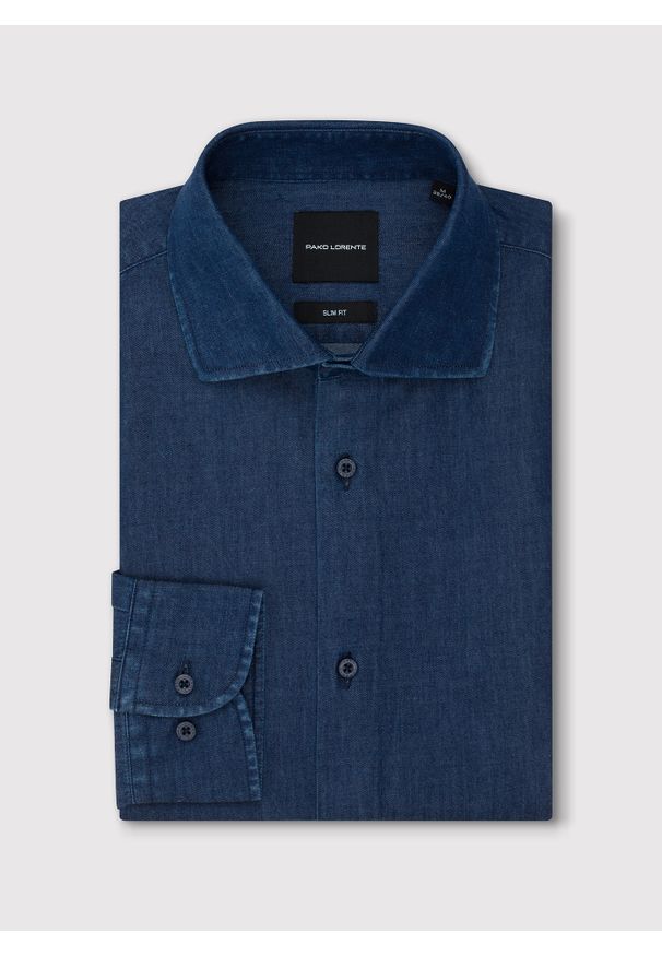 Pako Lorente - PAKO LORENTE - Granatowa koszula jeansowa. Typ kołnierza: kołnierzyk włoski. Kolor: niebieski. Materiał: jeans. Długość rękawa: długi rękaw. Długość: długie. Wzór: gładki