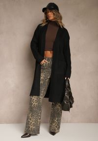 Renee - Czarny Tłoczony Kardigan z Wełną o Kroju Bez Zapięć z Paskiem Dorrive. Okazja: na co dzień. Kolor: czarny. Materiał: wełna. Styl: elegancki, casual