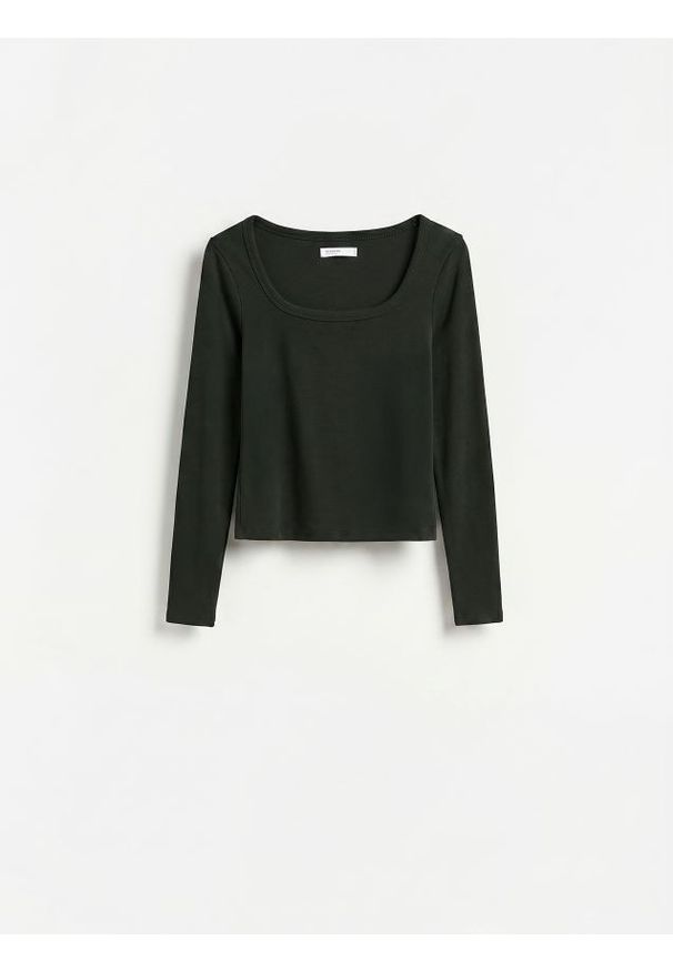 Reserved - Gładki longsleeve z bawełną - ciemnozielony. Kolor: zielony. Materiał: bawełna. Długość rękawa: długi rękaw. Wzór: gładki